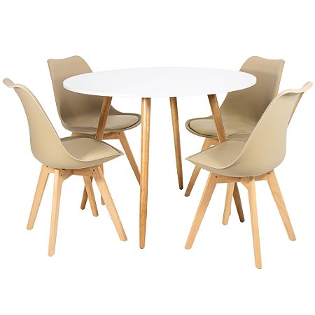 Mesa de Jantar Redonda Sofia 90cm Branca com 4 Cadeiras Siena Nude