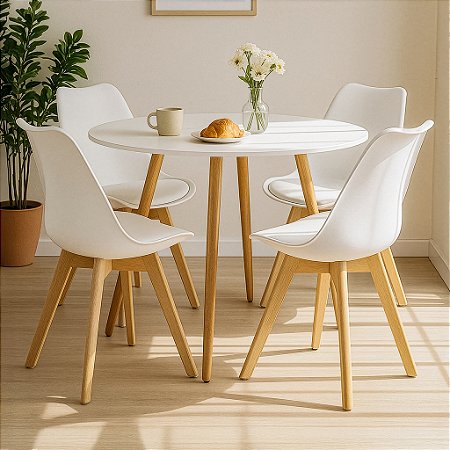 Mesa de Jantar Redonda Sofia 100cm Branca com 4 Cadeiras Siena Branca
