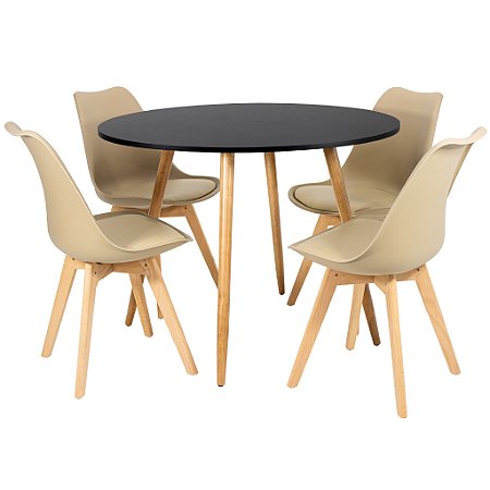 Mesa de Jantar Redonda Sofia 90cm Preta com 4 Cadeiras Siena Nude