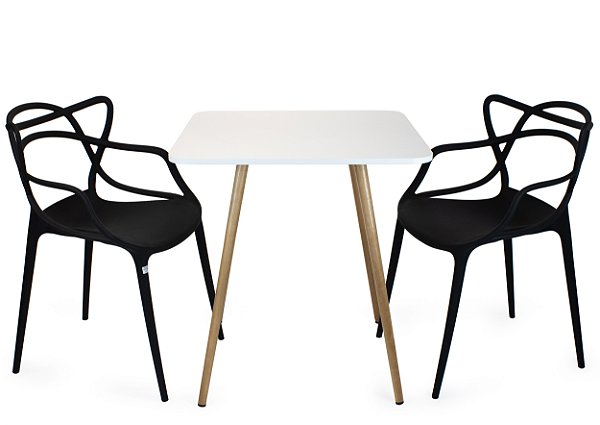 Mesa Quadrada Sofia 70cm Branca com 2 Cadeiras Allegra Preto