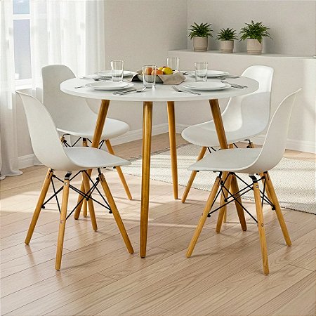 Mesa de Jantar Redonda Sofia 90cm Branca com 4 Cadeiras Eames Branca