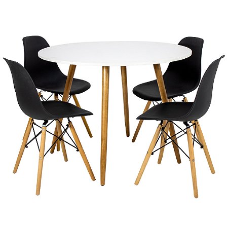 Mesa de Jantar Redonda Sofia 90cm Branca com 4 Cadeiras Eames Preta