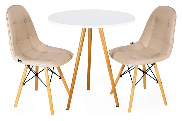 Mesa Redonda Tripé 70cm Branca com 2 Cadeiras Botonê Nude