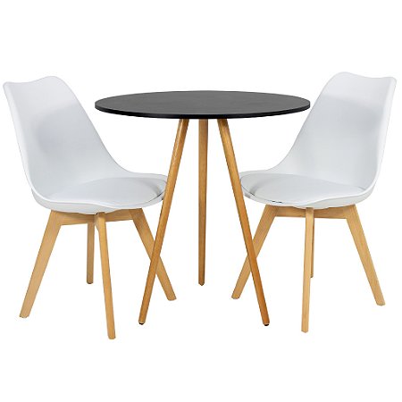 Mesa Redonda Tripé 70cm Preta com 2 Cadeiras Siena Branca