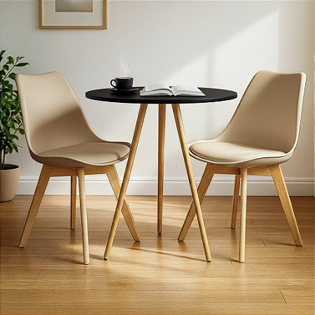 Mesa Redonda Tripé 70cm Preta com 2 Cadeiras Siena Nude