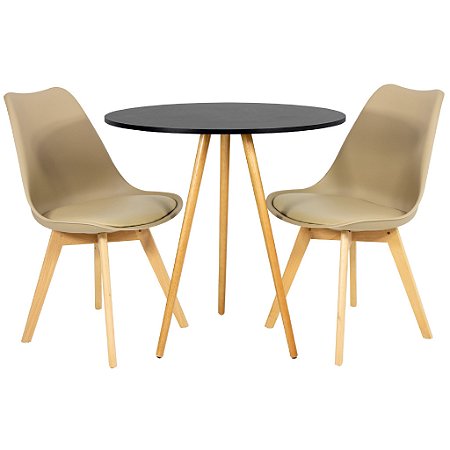 Mesa Redonda Tripé 70cm Preta com 2 Cadeiras Siena Nude