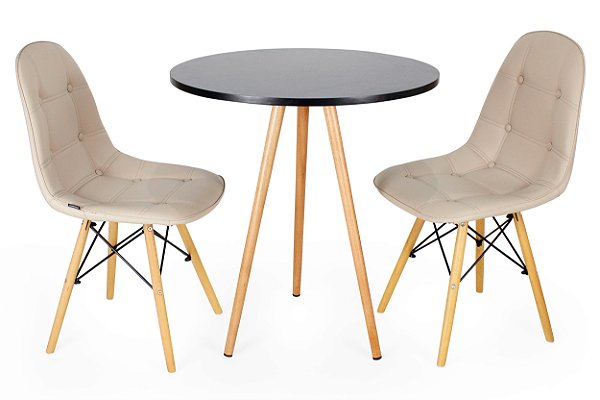Mesa Redonda Tripé 70cm Preta com 2 Cadeiras Botonê Nude