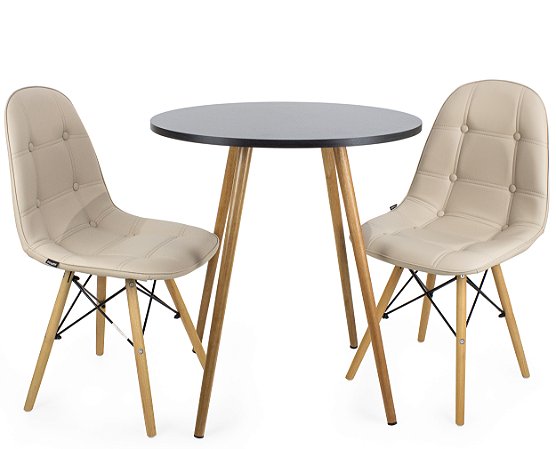 Mesa Redonda Sofia 70cm Preta com 2 Cadeiras Botonê Nude