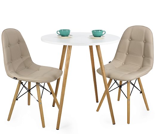 Mesa Redonda Sofia 70cm Branca com 2 Cadeiras Botonê Nude