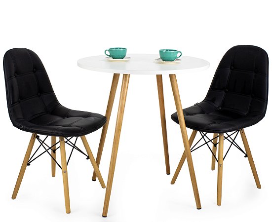 Mesa Redonda Sofia 70cm Branca com 2 Cadeiras Botonê Preta