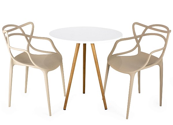 Mesa Redonda Tripé 70cm Branca com 2 Cadeiras Allegra Nude