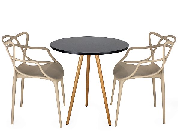 Mesa Redonda Tripé 70cm Preta com 2 Cadeiras Allegra Nude