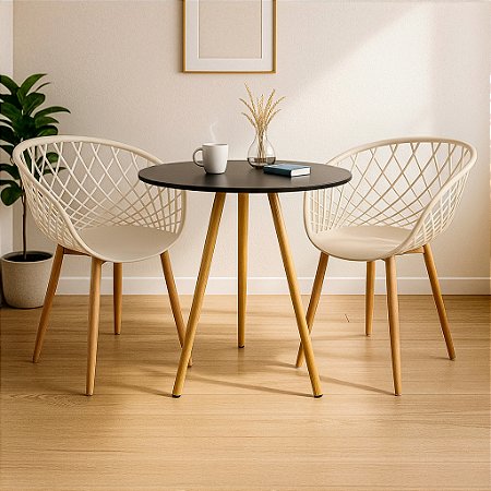 Mesa Redonda Tripé 70cm Preta com 2 Cadeiras Clarice Nude