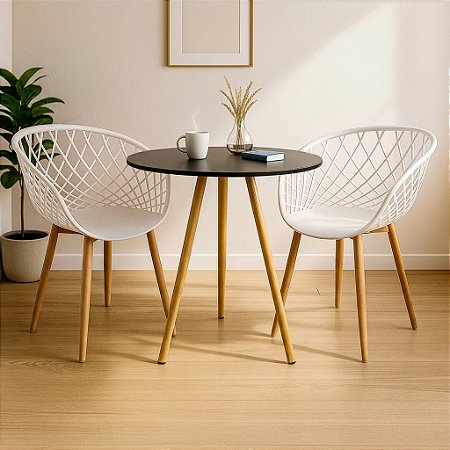 Mesa Redonda Tripé 70cm Preta com 2 Cadeiras Clarice Branca