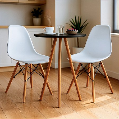 Mesa Redonda Tripé 70cm Preta com 2 Cadeiras Eiffel Branca