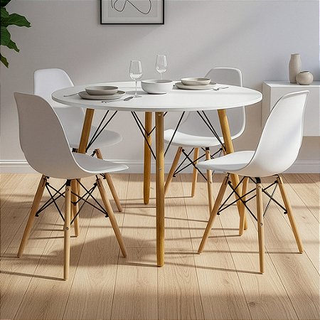 Mesa de Jantar Redonda Eiffel 120cm Branca com 4 Cadeiras Eames Branca