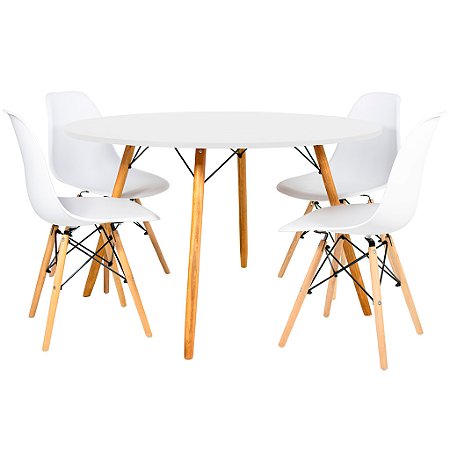 Mesa de Jantar Redonda Eiffel 120cm Branca com 4 Cadeiras Eames Branca
