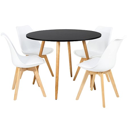 Mesa de Jantar Redonda Sofia 100cm Preta com 4 Cadeiras Siena Branca