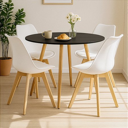 Mesa de Jantar Redonda Sofia 100cm Preta com 4 Cadeiras Siena Branca
