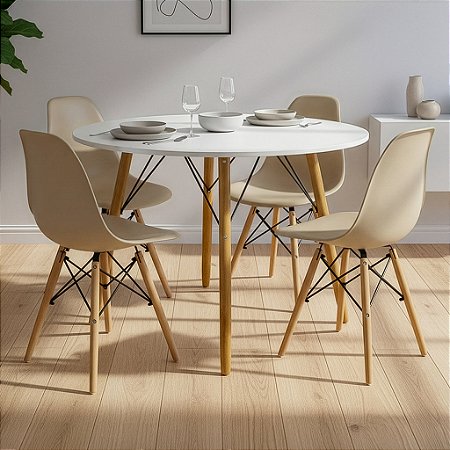 Mesa de Jantar Redonda Eiffel 120cm Branca com 4 Cadeiras Eames Nude