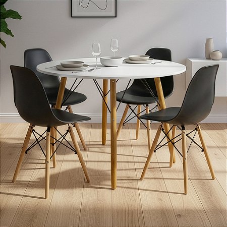 Mesa de Jantar Redonda Eiffel 100cm Branca com 4 Cadeiras Eames Preto