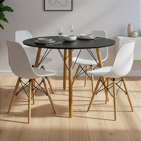 Mesa de Jantar Redonda Eiffel 120cm Preta com 4 Cadeiras Eames Brancas