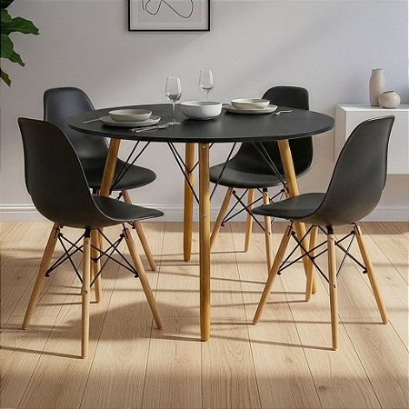 Mesa de Jantar Redonda Eiffel 120cm Preta com 4 Cadeiras Eames Pretas