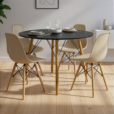 Mesa de Jantar Redonda Eiffel 100cm Preta com 4 Cadeiras Eames Nude