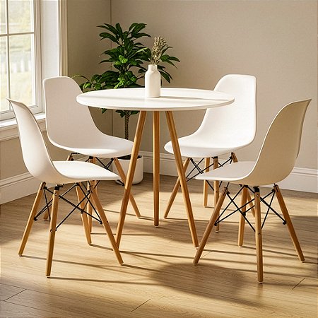 Mesa Tripé Redonda 80cm Branca com 4 Cadeiras Eiffel Brancas