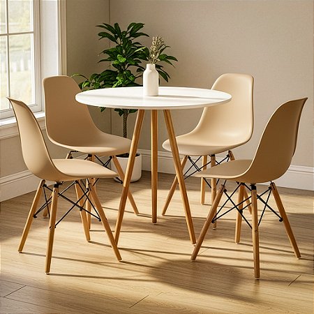 Mesa Tripé Redonda 80cm Branca com 4 Cadeiras Eiffel Nude