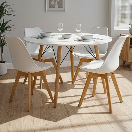 Mesa de Jantar Redonda Eiffel 120cm Branca com 4 Cadeiras Siena Brancas