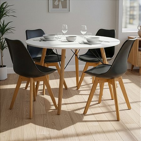 Mesa de Jantar Redonda Eiffel 120cm Branca com 4 Cadeiras Siena Pretas