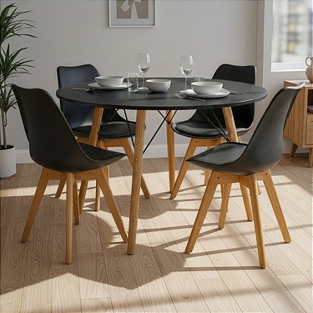 Mesa de Jantar Redonda Eiffel 120cm Preta com 4 Cadeiras Siena Pretas