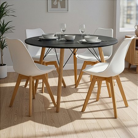 Mesa de Jantar Redonda Eiffel 120cm Preta com 4 Cadeiras Siena Brancas