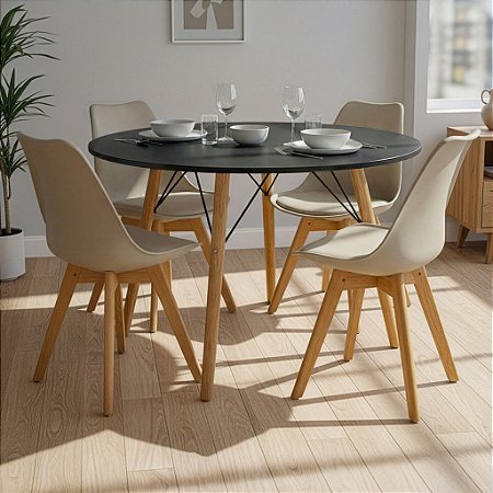Mesa de Jantar Redonda Eiffel 120cm Preta com 4 Cadeiras Siena Nude