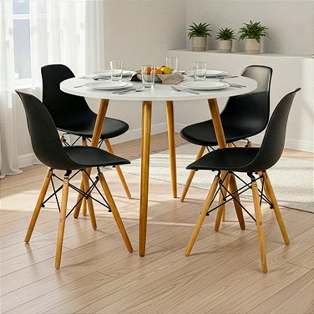 Mesa de Jantar Redonda Sofia 100cm Branca com 4 Cadeiras Eames Pretas