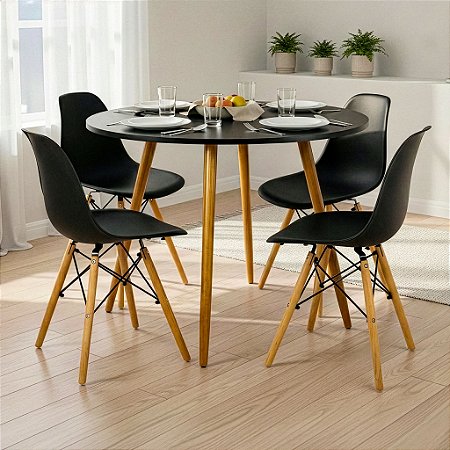 Mesa de Jantar Redonda Sofia 100cm Preta com 4 Cadeiras Eames Pretas