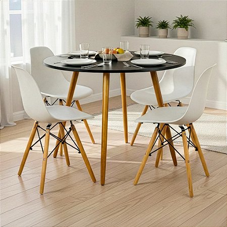 Mesa de Jantar Redonda Sofia 100cm Preta com 4 Cadeiras Eames Brancas