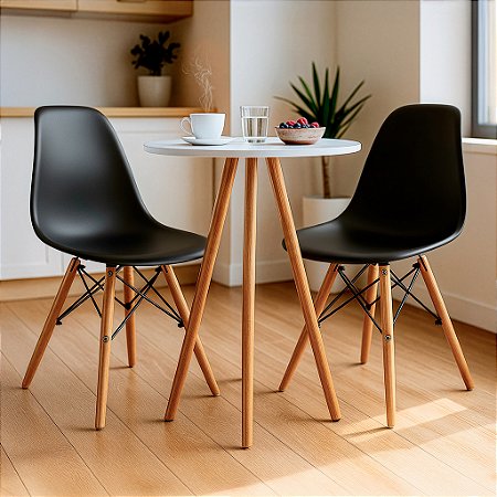 Mesa Redonda Tripé 70cm Branca com 2 Cadeiras Eiffel Preta
