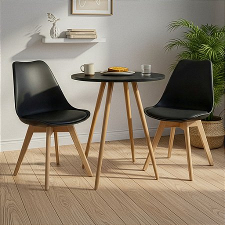 Mesa Redonda Sofia 60cm Preta com 2 Cadeiras Siena Preta