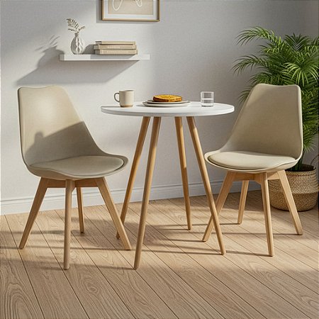 Mesa Redonda Sofia 60cm Branca com 2 Cadeiras Siena Nude