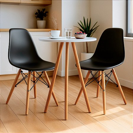 Mesa Redonda Tripé 60cm Branca com 2 Cadeiras Eiffel Preta