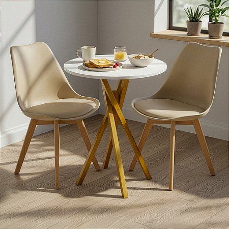 Mesa Redonda Bistrô 60cm Branca com 2 Cadeiras Siena Nude