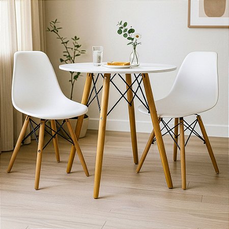 Mesa Redonda Eiffel 70cm Branca com 2 Cadeiras Eiffel Branca