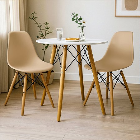 Mesa Redonda Eiffel 70cm Branca com 2 Cadeiras Eiffel Nude