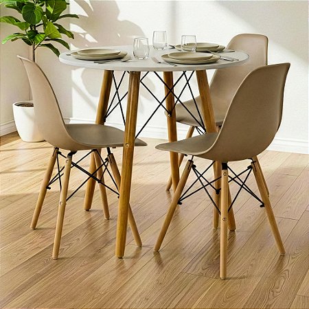 Mesa Redonda Eiffel 70cm Branca com 3 Cadeiras Eiffel Nude