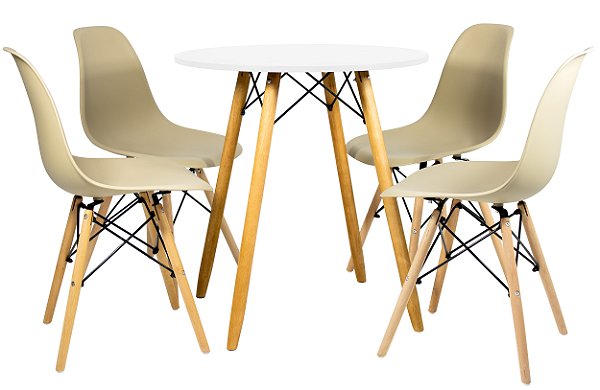 Mesa Redonda Eiffel 70cm Branca com 4 Cadeiras Eiffel Nude