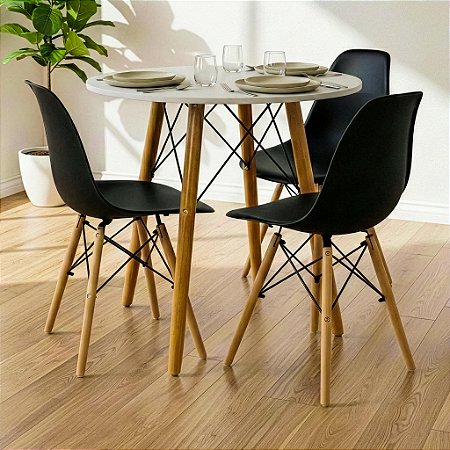 Mesa Redonda Eiffel 70cm Branca com 3 Cadeiras Eiffel Preta