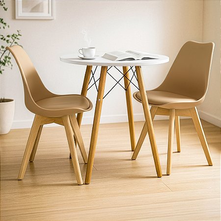 Mesa Redonda Eiffel 70cm Branca com 2 Cadeiras Siena Nude