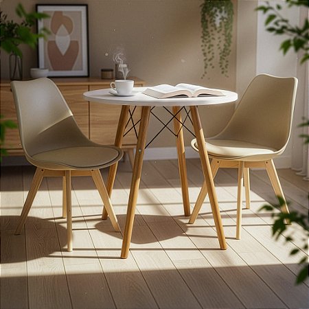 Mesa Redonda Eiffel 70cm Branca com 2 Cadeiras Siena Nude